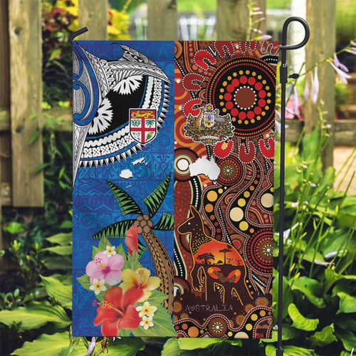 Fiji and Australia Together Garden Flag Fijian Tapa Plants with Kangaroo and Aboriginal - Aussie Hoodie