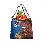 Fiji and Australia Together Grocery Bag Fijian Tapa Plants with Kangaroo and Aboriginal - Aussie Hoodie