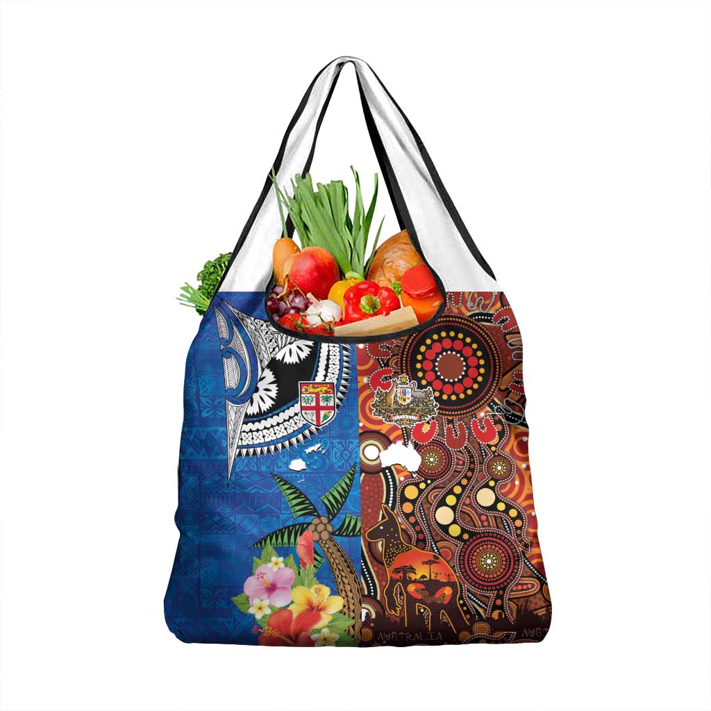 Fiji and Australia Together Grocery Bag Fijian Tapa Plants with Kangaroo and Aboriginal - Aussie Hoodie