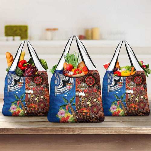 Fiji and Australia Together Grocery Bag Fijian Tapa Plants with Kangaroo and Aboriginal - Aussie Hoodie