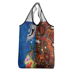 Fiji and Australia Together Grocery Bag Fijian Tapa Plants with Kangaroo and Aboriginal - Aussie Hoodie