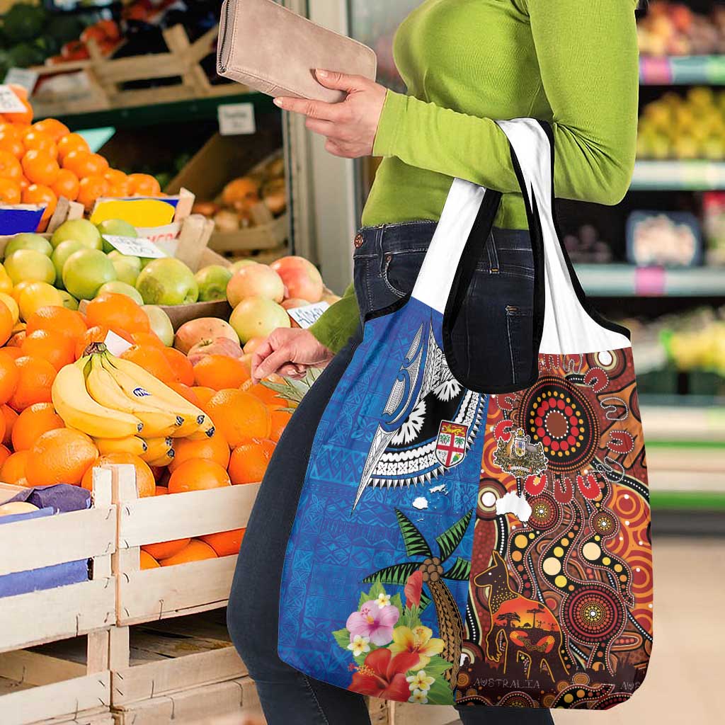 Fiji and Australia Together Grocery Bag Fijian Tapa Plants with Kangaroo and Aboriginal - Aussie Hoodie