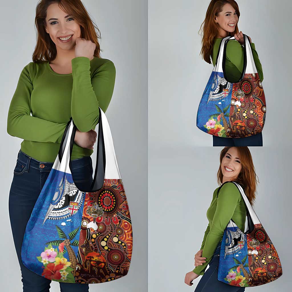 Fiji and Australia Together Grocery Bag Fijian Tapa Plants with Kangaroo and Aboriginal - Aussie Hoodie