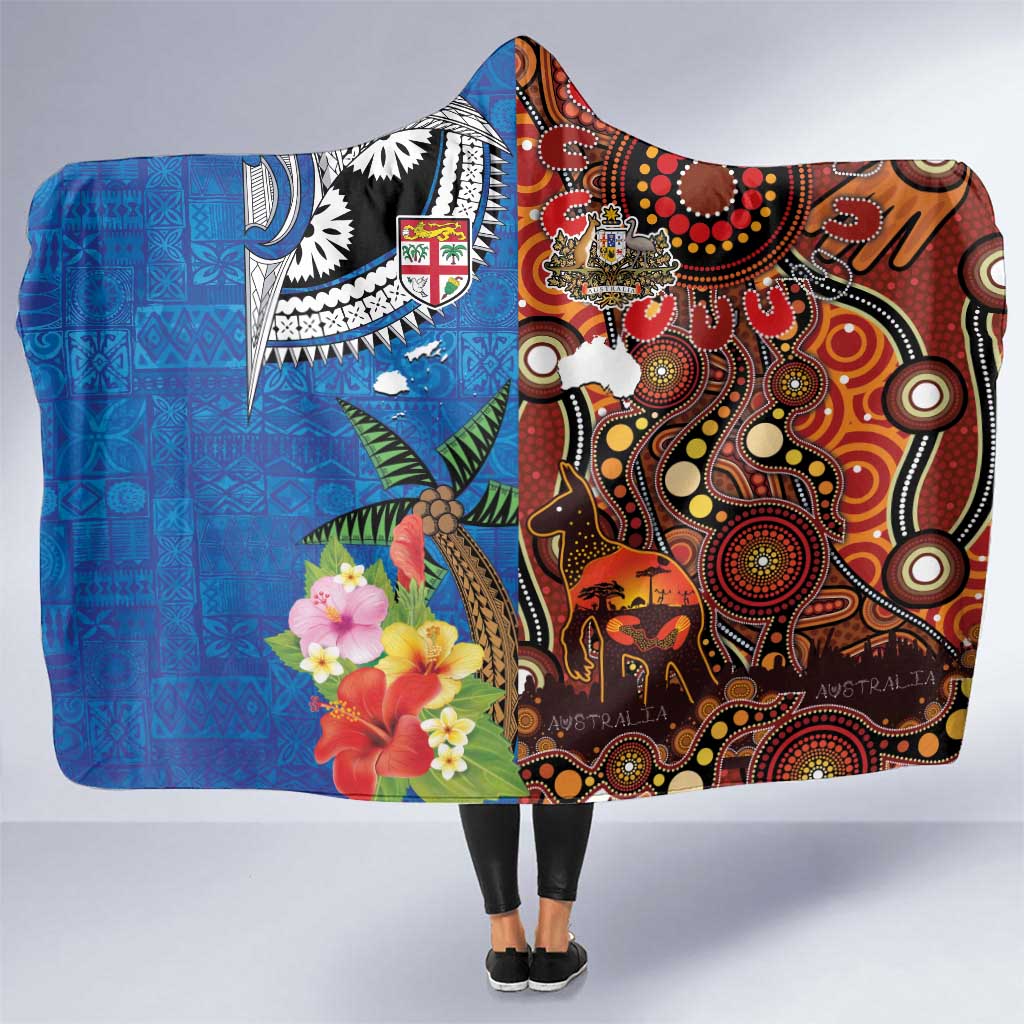 Fiji and Australia Together Hooded Blanket Fijian Tapa Plants with Kangaroo and Aboriginal - Aussie Hoodie