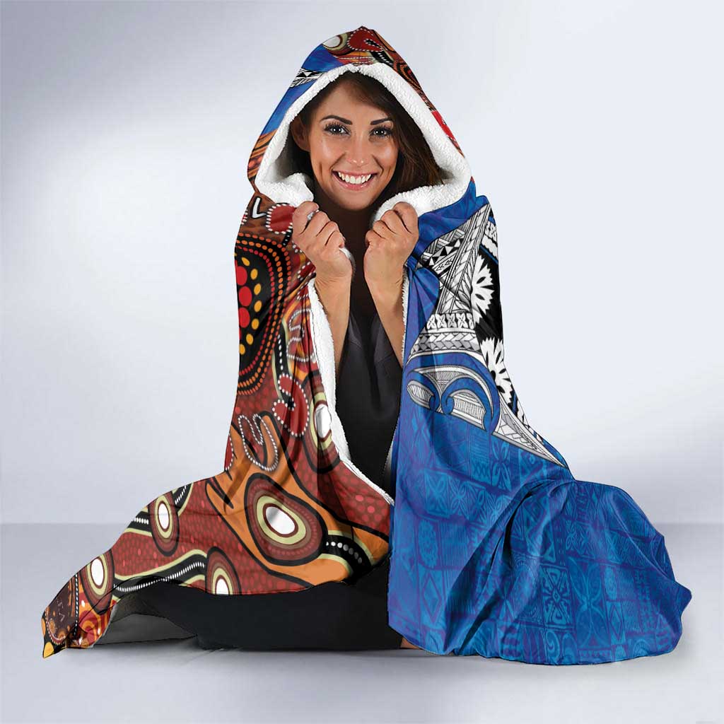Fiji and Australia Together Hooded Blanket Fijian Tapa Plants with Kangaroo and Aboriginal - Aussie Hoodie