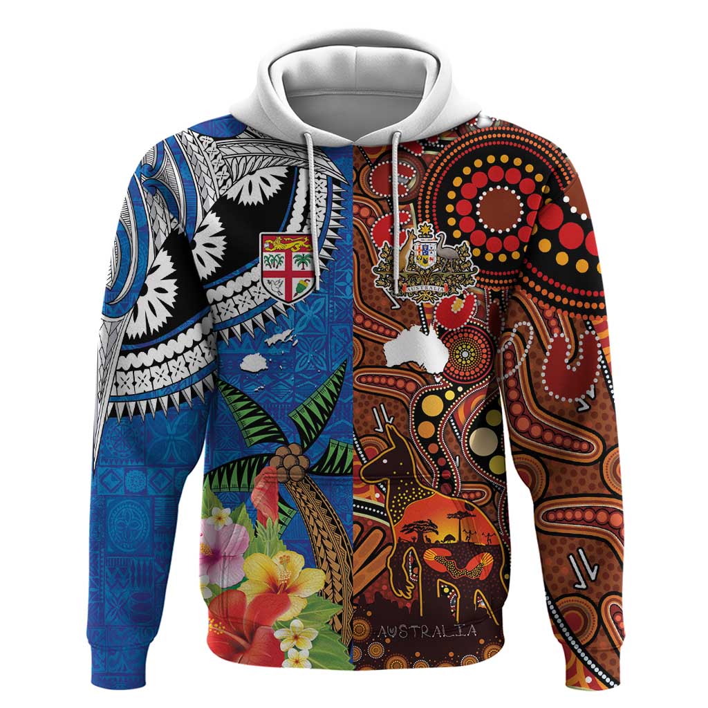 Fiji and Australia Together Hoodie Fijian Tapa Plants with Kangaroo and Aboriginal - Aussie Hoodie
