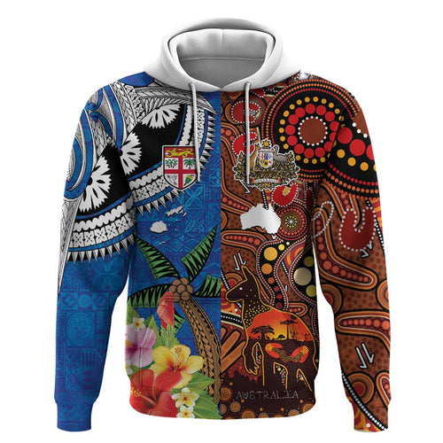 Fiji and Australia Together Hoodie Fijian Tapa Plants with Kangaroo and Aboriginal - Aussie Hoodie