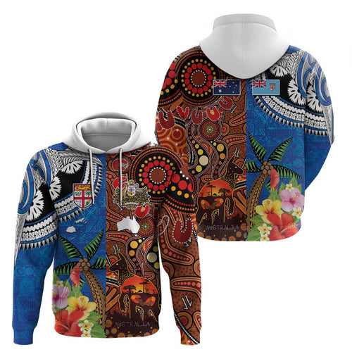 Fiji and Australia Together Hoodie Fijian Tapa Plants with Kangaroo and Aboriginal - Aussie Hoodie
