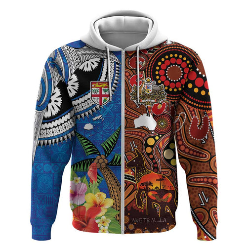 Fiji and Australia Together Hoodie Fijian Tapa Plants with Kangaroo and Aboriginal - Aussie Hoodie