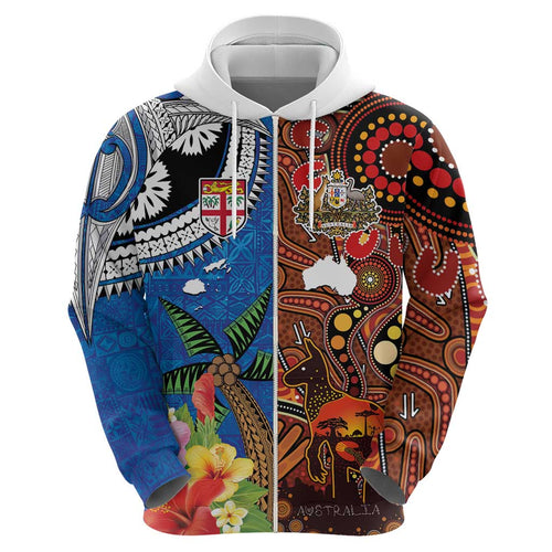 Fiji and Australia Together Hoodie Fijian Tapa Plants with Kangaroo and Aboriginal - Aussie Hoodie