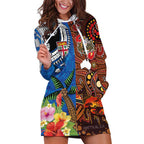 Fiji and Australia Together Hoodie Dress Fijian Tapa Plants with Kangaroo and Aboriginal - Aussie Hoodie