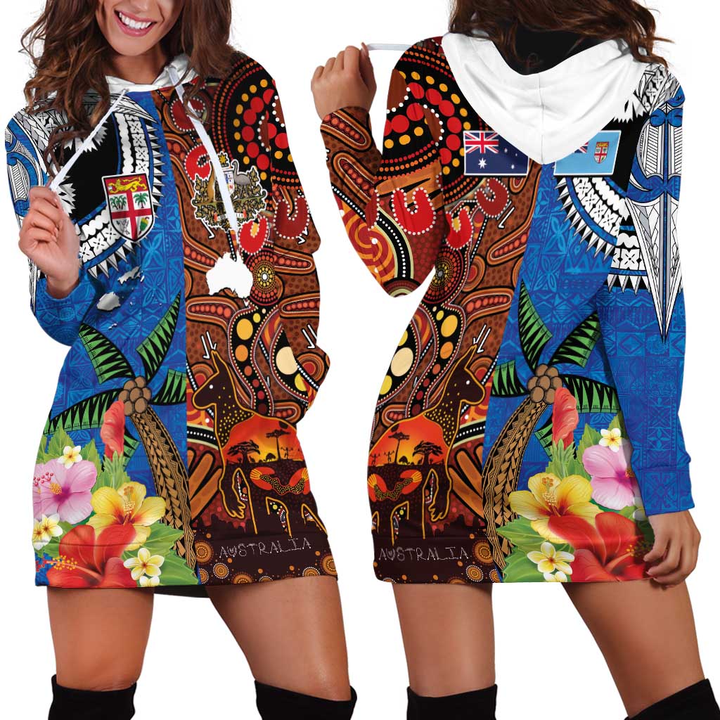 Fiji and Australia Together Hoodie Dress Fijian Tapa Plants with Kangaroo and Aboriginal - Aussie Hoodie
