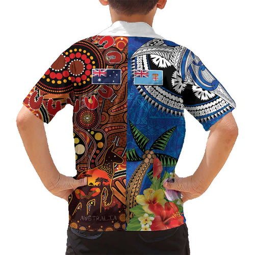 Fiji and Australia Together Kid Hawaiian Shirt Fijian Tapa Plants with Kangaroo and Aboriginal - Aussie Hoodie