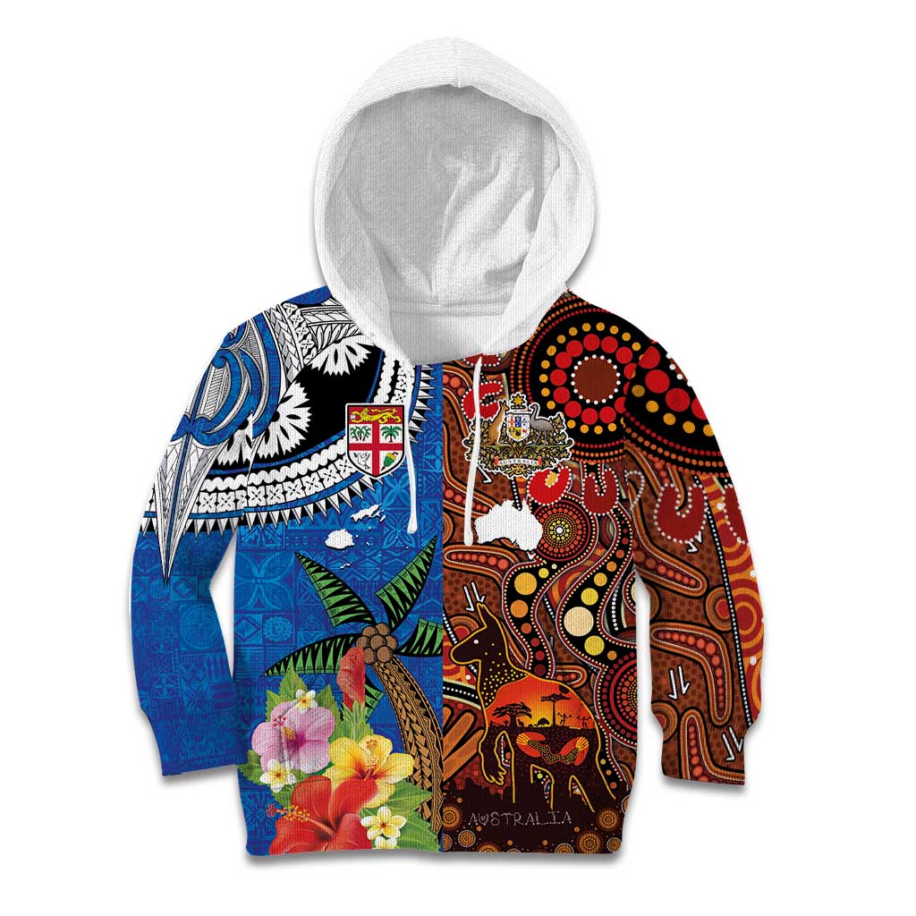 Fiji and Australia Together Kid Hoodie Fijian Tapa Plants with Kangaroo and Aboriginal - Aussie Hoodie