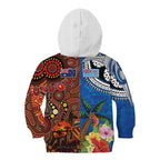 Fiji and Australia Together Kid Hoodie Fijian Tapa Plants with Kangaroo and Aboriginal - Aussie Hoodie