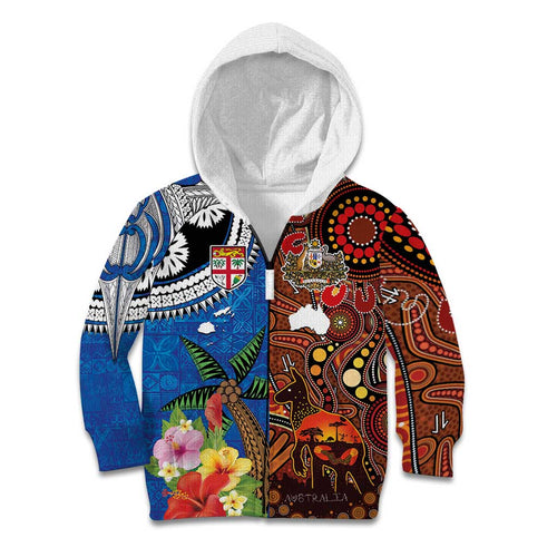 Fiji and Australia Together Kid Hoodie Fijian Tapa Plants with Kangaroo and Aboriginal - Aussie Hoodie