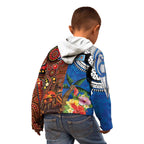 Fiji and Australia Together Kid Hoodie Fijian Tapa Plants with Kangaroo and Aboriginal - Aussie Hoodie
