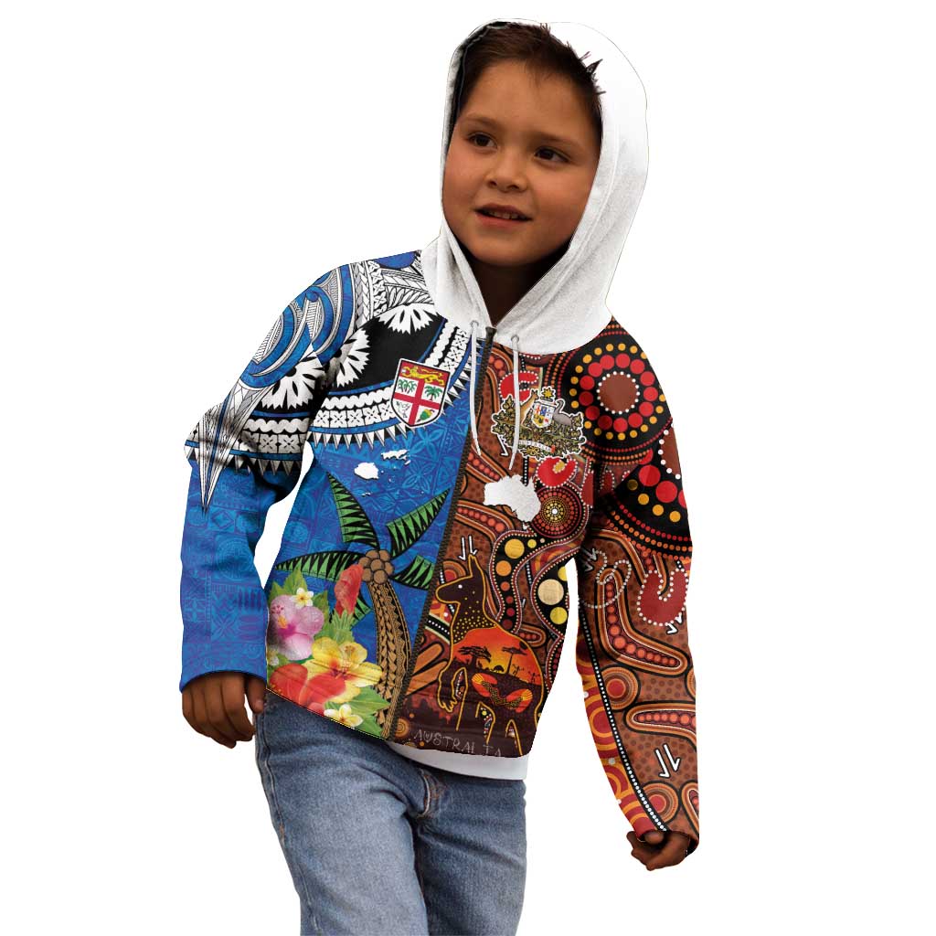 Fiji and Australia Together Kid Hoodie Fijian Tapa Plants with Kangaroo and Aboriginal - Aussie Hoodie