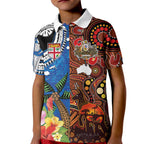 Fiji and Australia Together Kid Polo Shirt Fijian Tapa Plants with Kangaroo and Aboriginal - Aussie Hoodie