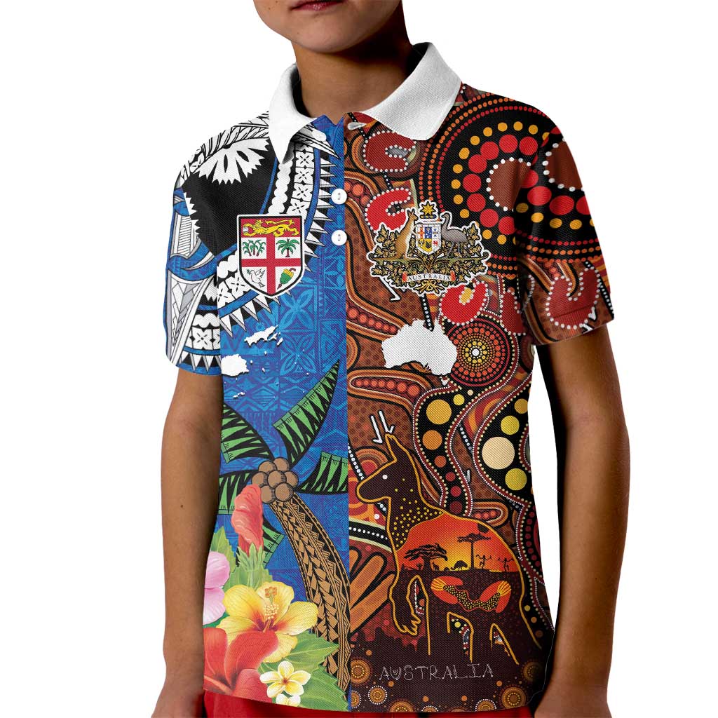 Fiji and Australia Together Kid Polo Shirt Fijian Tapa Plants with Kangaroo and Aboriginal - Aussie Hoodie