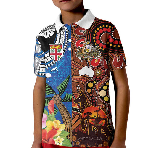 Fiji and Australia Together Kid Polo Shirt Fijian Tapa Plants with Kangaroo and Aboriginal - Aussie Hoodie