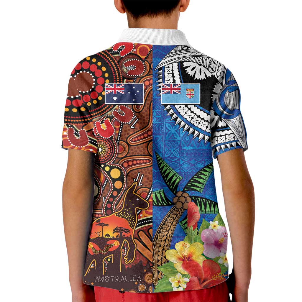Fiji and Australia Together Kid Polo Shirt Fijian Tapa Plants with Kangaroo and Aboriginal - Aussie Hoodie