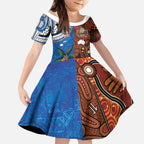 Fiji and Australia Together Kid Short Sleeve Dress Fijian Tapa Plants with Kangaroo and Aboriginal - Aussie Hoodie