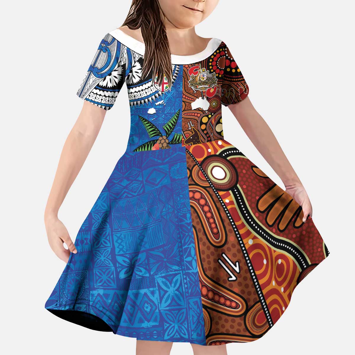 Fiji and Australia Together Kid Short Sleeve Dress Fijian Tapa Plants with Kangaroo and Aboriginal - Aussie Hoodie