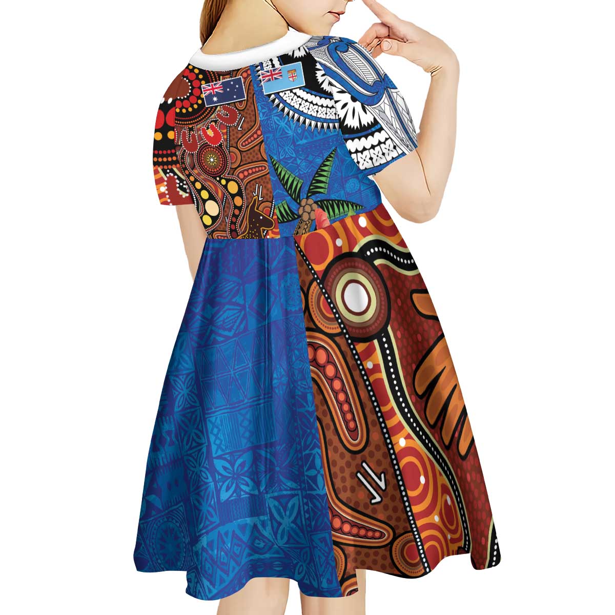 Fiji and Australia Together Kid Short Sleeve Dress Fijian Tapa Plants with Kangaroo and Aboriginal - Aussie Hoodie