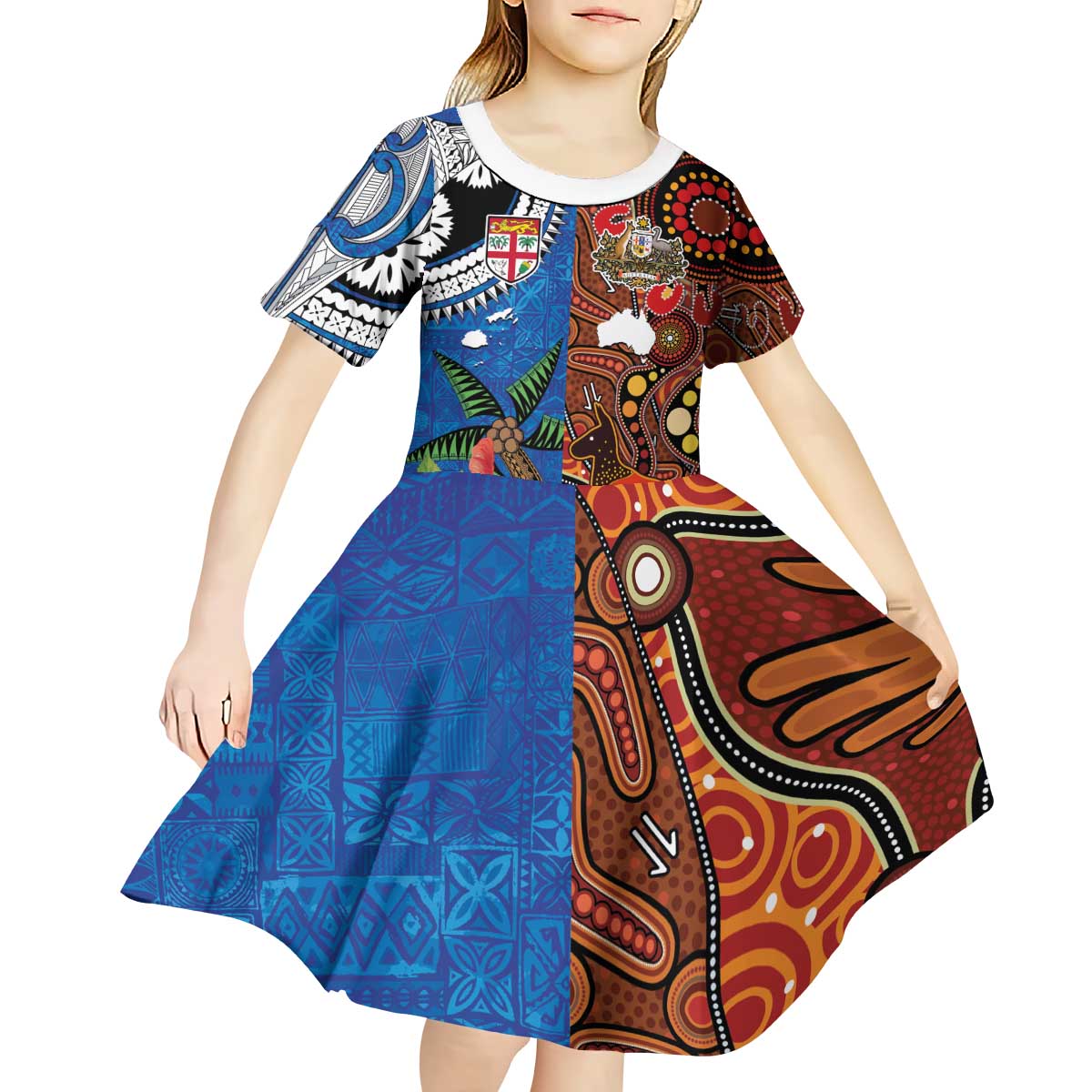 Fiji and Australia Together Kid Short Sleeve Dress Fijian Tapa Plants with Kangaroo and Aboriginal - Aussie Hoodie