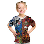 Fiji and Australia Together Kid T Shirt Fijian Tapa Plants with Kangaroo and Aboriginal - Aussie Hoodie