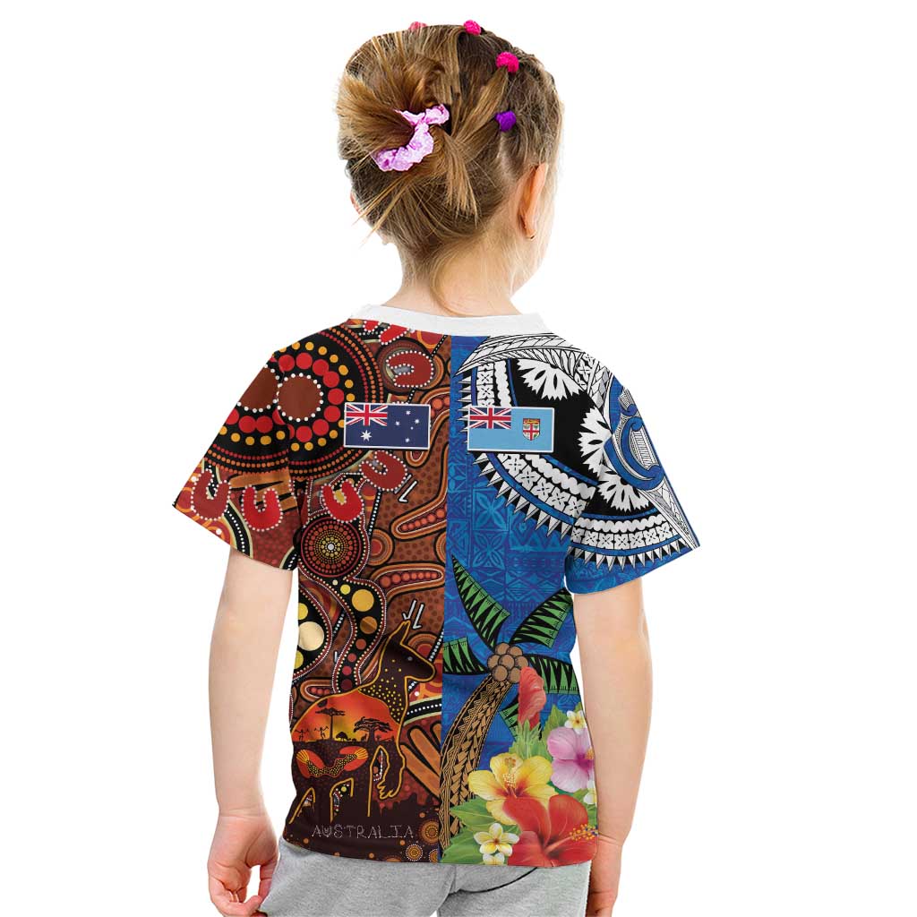 Fiji and Australia Together Kid T Shirt Fijian Tapa Plants with Kangaroo and Aboriginal - Aussie Hoodie