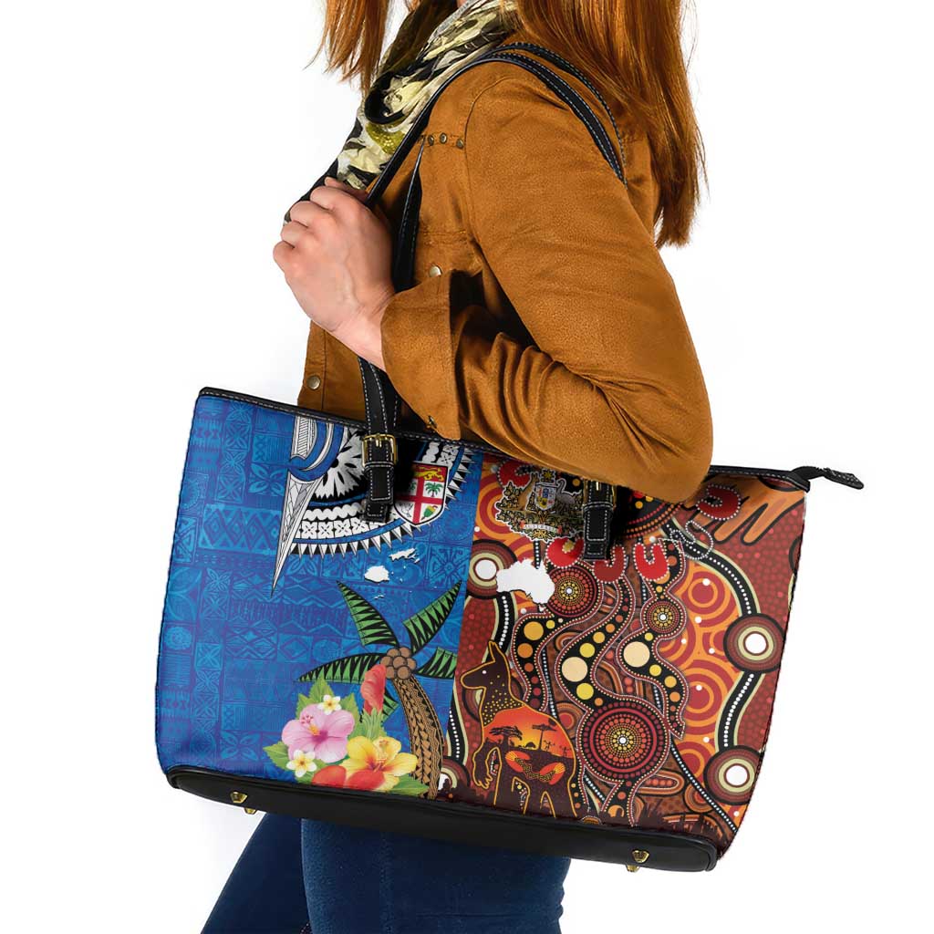 Fiji and Australia Together Leather Tote Bag Fijian Tapa Plants with Kangaroo and Aboriginal - Aussie Hoodie