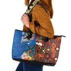 Fiji and Australia Together Leather Tote Bag Fijian Tapa Plants with Kangaroo and Aboriginal - Aussie Hoodie