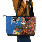 Fiji and Australia Together Leather Tote Bag Fijian Tapa Plants with Kangaroo and Aboriginal - Aussie Hoodie