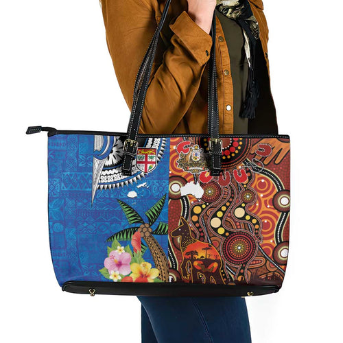 Fiji and Australia Together Leather Tote Bag Fijian Tapa Plants with Kangaroo and Aboriginal - Aussie Hoodie