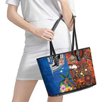Fiji and Australia Together Leather Tote Bag Fijian Tapa Plants with Kangaroo and Aboriginal - Aussie Hoodie