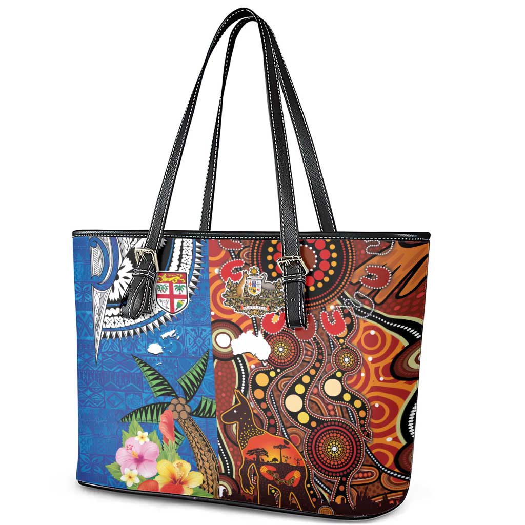 Fiji and Australia Together Leather Tote Bag Fijian Tapa Plants with Kangaroo and Aboriginal - Aussie Hoodie