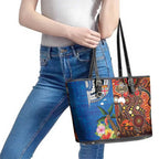 Fiji and Australia Together Leather Tote Bag Fijian Tapa Plants with Kangaroo and Aboriginal - Aussie Hoodie