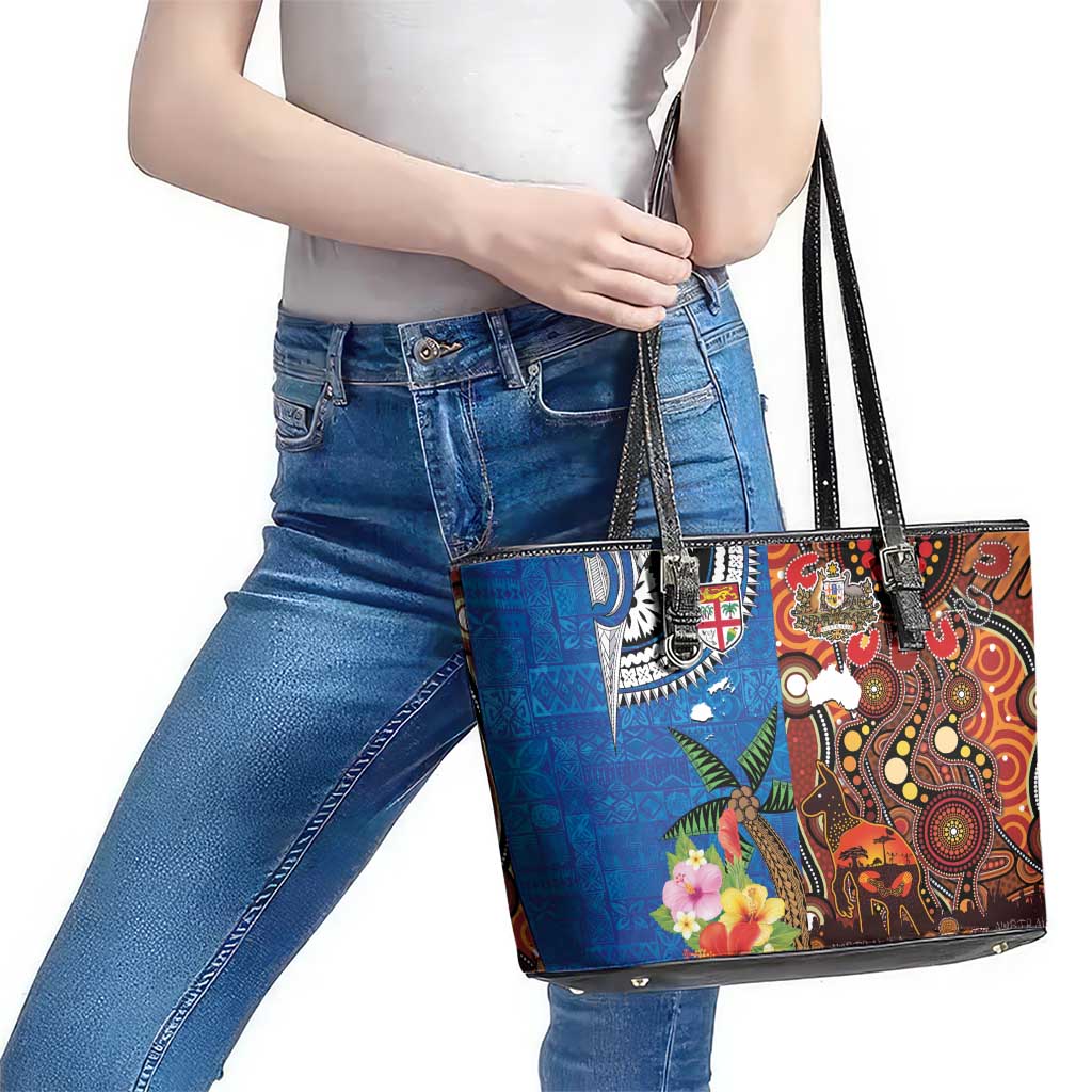 Fiji and Australia Together Leather Tote Bag Fijian Tapa Plants with Kangaroo and Aboriginal - Aussie Hoodie