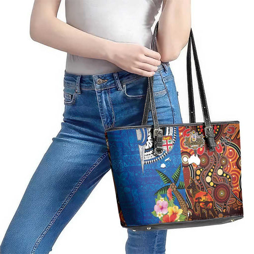 Fiji and Australia Together Leather Tote Bag Fijian Tapa Plants with Kangaroo and Aboriginal - Aussie Hoodie