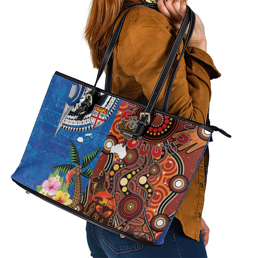 Fiji and Australia Together Leather Tote Bag Fijian Tapa Plants with Kangaroo and Aboriginal - Aussie Hoodie
