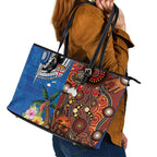 Fiji and Australia Together Leather Tote Bag Fijian Tapa Plants with Kangaroo and Aboriginal - Aussie Hoodie