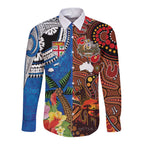 Fiji and Australia Together Long Sleeve Button Shirt Fijian Tapa Plants with Kangaroo and Aboriginal - Aussie Hoodie