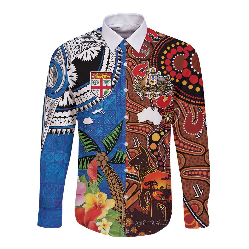 Fiji and Australia Together Long Sleeve Button Shirt Fijian Tapa Plants with Kangaroo and Aboriginal - Aussie Hoodie
