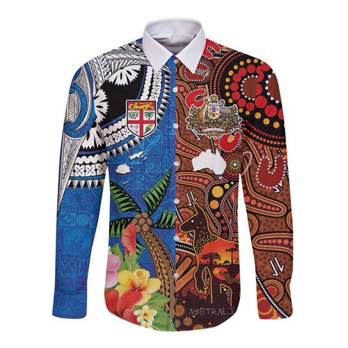 Fiji and Australia Together Long Sleeve Button Shirt Fijian Tapa Plants with Kangaroo and Aboriginal - Aussie Hoodie