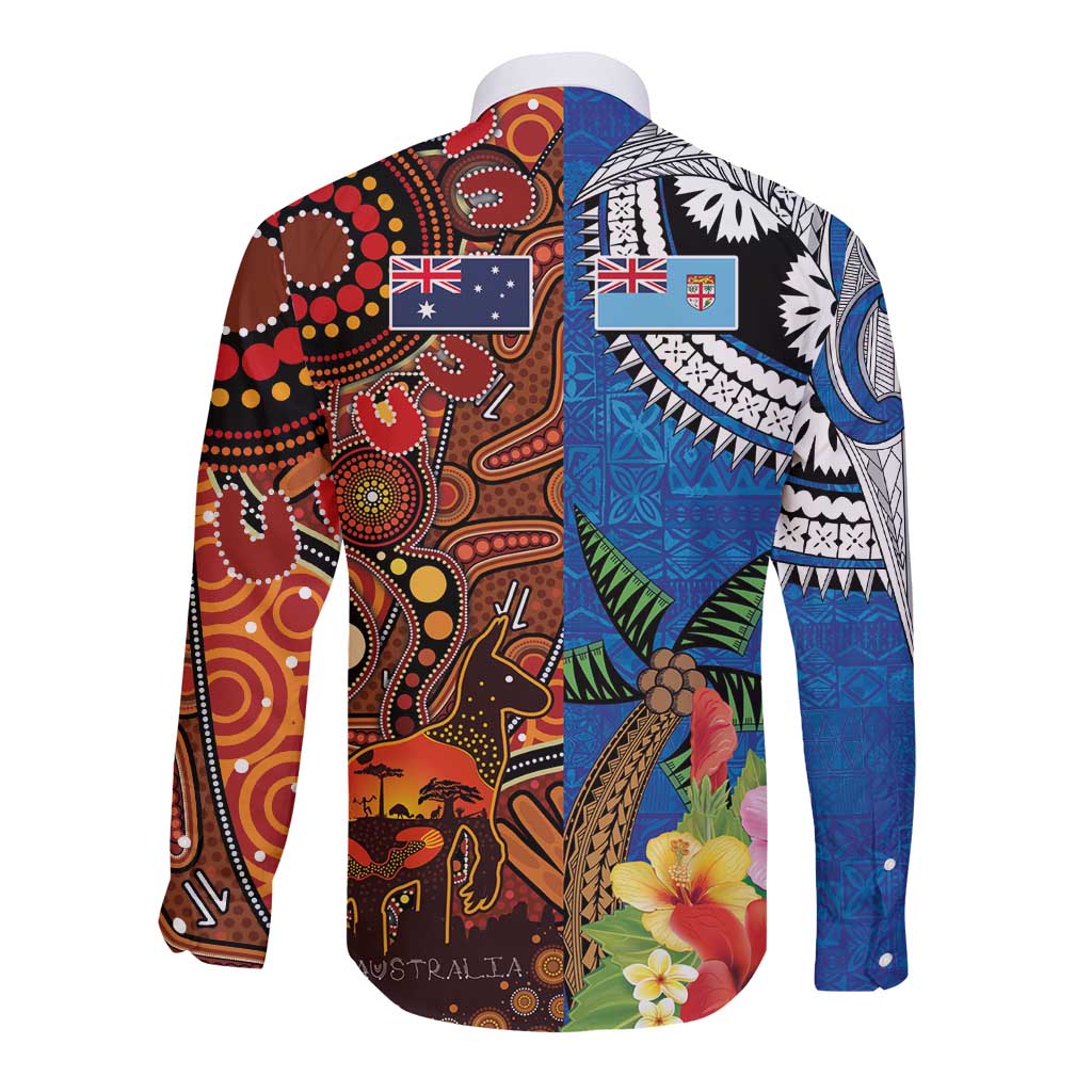 Fiji and Australia Together Long Sleeve Button Shirt Fijian Tapa Plants with Kangaroo and Aboriginal - Aussie Hoodie