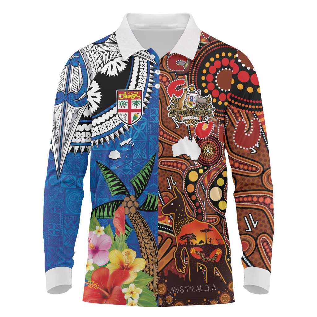 Fiji and Australia Together Long Sleeve Polo Shirt Fijian Tapa Plants with Kangaroo and Aboriginal - Aussie Hoodie