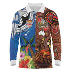 Fiji and Australia Together Long Sleeve Polo Shirt Fijian Tapa Plants with Kangaroo and Aboriginal - Aussie Hoodie