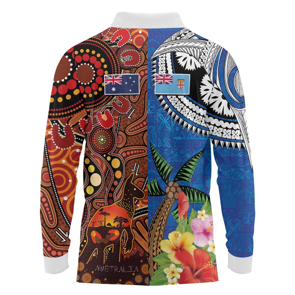 Fiji and Australia Together Long Sleeve Polo Shirt Fijian Tapa Plants with Kangaroo and Aboriginal - Aussie Hoodie